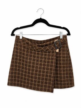 Vintage Express Brown Plaid Wrap Mini Skirt with Buckle Detail